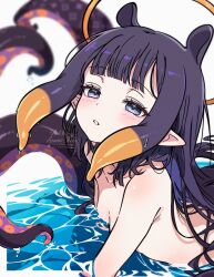 1girl artist_name asami-chan blue_eyes breasts commentary completely_nude english_commentary halo highres hololive hololive_english long_hair looking_at_viewer ninomae_ina&#039;nis nude orange_halo pointy_ears purple_hair small_breasts solo tentacles virtual_youtuber wet