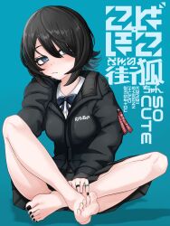 1girl absurdres aqua_background bare_legs barefoot black_bow black_hair black_jacket black_nails black_skirt blue_background blue_bow blue_eyes blue_nails blush bow bowtie breasts closed_mouth collared_shirt feet full_body hair_between_eyes hair_over_one_eye hand_up highres indian_style jacket jewelry legs long_sleeves looking_at_viewer machikitsune_(vrchat) medium_hair miniskirt mole mole_under_mouth nail_polish pleated_skirt ring ringed_eyes school_uniform shirt short_hair simple_background sitting skirt soles solo toenail_polish toenails toes vrchat white_shirt zex0529 zipper
