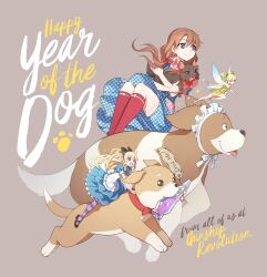 3girls alice_(alice_in_wonderland) alice&#039;s_adventures_in_wonderland black_footwear blue_dress blue_eyes bow brown_background brown_hair chinese_zodiac commentary cursive dog dorothy_gale dress english_commentary english_text fairy fairy_wings flying hair_bow happy_new_year highres kriss_sison long_hair mini_person minigirl multiple_girls new_year pantyhose paw_print peter_pan_(novel) potion purple_pantyhose red_socks riding simple_background socks the_wizard_of_oz tinker_bell_(disney) toto_(the_wizard_of_oz) twintails wide_shot wings year_of_the_dog