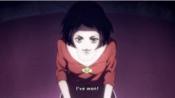 10s 1boy 2girls animated animated_gif black_hair blue_eyes blunt_bangs chiyuki_(death_parade) death_parade decim_(death_parade) dress formal_clothes hair_over_one_eye kurokami_no_onna long_hair lowres multicolored_hair multiple_girls short_hair subtitled two-tone_hair white_hair