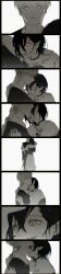 1boy 1girl alternate_costume black_choker black_robe blush choker glowing glowing_eyes hetero highres hug kaneki_ken kirishima_touka long_image long_sleeves looking_at_another pointy_ears red_eyes robe short_hair tall_image tokyo_ghoul vampire vjoos