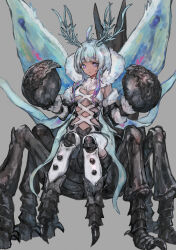 1girl absurdres antennae arthropod_girl arthropod_limbs breasts bug criss-cross_straps elden_ring elden_ring_nightreign faurtis_(elden_ring) fur_collar gnoster_(elden_ring) grey_background highres hikimayu huge_claws insect insect_girl insect_wings long_sidelocks medium_breasts monster monster_girl moth moth_antennae moth_girl moth_wings personification pink_eyes sabamiso_taro scorpion short_hair sidelocks simple_background wings