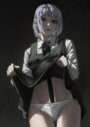 Rule 34 | 1girl, black dress, chainsaw man, clothes lift, collared shirt, dress, dress lift, earrings, fami (chainsaw man), fourth east high school uniform, gradient background, grey background, grey hair, highres, jewelry, lifting own clothes, long sleeves, looking at viewer, mole, mole under eye, mole under mouth, multiple moles, open mouth, panties, red eyes, ringed eyes, satchoo, school uniform, shirt, solo, underwear, virtual youtuber, white panties, white shirt