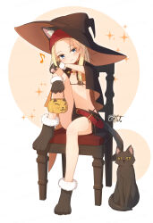 1girl absurdres animal animal_ear_fluff animal_ears belt belt_buckle bikini black_bikini black_capelet black_cat black_footwear black_gloves black_hat black_skirt blonde_hair blue_eyes blush brown_background buckle capelet cat cat_ears closed_mouth commentary_request coreytaiyo dated eighth_note full_body fur-trimmed_footwear fur-trimmed_gloves fur_trim gloves halloween halloween_bucket hat highres holding knee_up micro_bikini musical_note on_chair original paw_shoes red_belt signature sitting skirt smile solo sparkle swimsuit two-tone_background white_background witch_hat