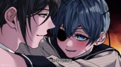 Rule 34 | 2boys, age difference, anger vein, arms around neck, black hair, black sailor collar, blue eyes, blue hair, blush, ciel phantomhive, close-up, closed mouth, derivative work, duuluv, earrings, eyelashes, eyepatch, hey i could have died (meme), implied yaoi, jewelry, kuroshitsuji, long sleeves, looking at another, looking up, male focus, meme, multiple boys, narrowed eyes, onii-shota, osugaki, parted lips, profile, red eyes, sailor collar, scene reference, screenshot redraw, sebastian michaelis, short hair, sleeve cuffs, smile, sweat, twitter username