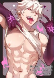 Rule 34 | 1boy, abs, artist name, bara, black hands, clothes lift, colored extremities, commentary, commission, english commentary, eyes of grima, fangs, fingernails, fire emblem, fire emblem awakening, highres, koge (natsub bkoge), long fingernails, looking at viewer, male focus, male robin (fire emblem), male robin (grima) (fire emblem), muscular, muscular male, navel, nintendo, nipple piercing, nipples, open mouth, pectorals, piercing, shirt, shirt lift, sleeveless, sleeveless shirt, tongue