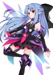 1girl ascot bare_shoulders black_boots black_bow black_dress black_thighhighs blue_hair blush boots bow breasts cosplay detached_sleeves dress energy_wings fate/grand_order fate/kaleid_liner_prisma_illya fate_(series) hair_bow half_updo highres illyasviel_von_einzbern layered_skirt len_(tsukihime) looking_at_viewer parted_bangs pei_iriya pointy_ears prisma_illya purple_skirt red_eyes red_skirt sidelocks skirt small_breasts testament_(fate) testament_(fate)_(cosplay) thigh_boots thighhighs thighhighs_under_boots tsukihime