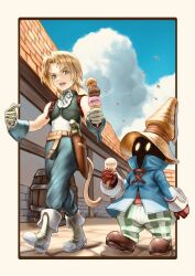 2boys barrel belt black_mage_(final_fantasy) blonde_hair blue_coat blue_eyes blue_pants blue_wrist_cuffs boots brick_wall brown_belt brown_boots cat_tail cloud cloudy_sky coat cropped_vest final_fantasy final_fantasy_ix full_body gloves glowing glowing_eyes green_vest grey_boots grey_gloves hat highres holding holding_ice_cream_cone ice_cream_cone low_ponytail male_focus multiple_boys open_mouth outdoors pants parted_lips ponytail red_gloves roof_shingles shirt sky smile striped_clothes striped_pants tail town vest vivi_ornitier walking white_shirt wizard_hat wrist_cuffs yellow_eyes zidane_tribal zupakyo
