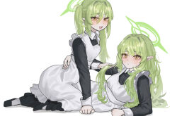2girls alternate_costume apron black_dress blue_archive blush commentary_request dress enmaided freeman_(tkuh4475) green_hair halo highres hikari_(blue_archive) long_sleeves looking_at_viewer maid maid_apron multiple_girls nozomi_(blue_archive) pointy_ears siblings simple_background sisters smile straight_hair twins twintails white_apron white_background yellow_eyes