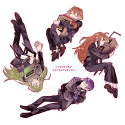 Rule 34 | 2boys, 2girls, armband, black gloves, black jacket, black pants, black suit, brown hair, closed eyes, dual persona, formal clothes, gloves, green hair, highres, hod (project moon), hug, jacket, ko bammm, lobotomy corporation, long hair, malkuth (project moon), multiple boys, multiple girls, netzach (project moon), non-humanoid robot, pants, project moon, purple hair, robot, short hair, simple background, smile, suit, white background, yesod (project moon)