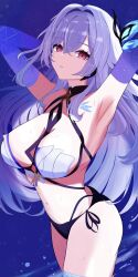 1girl armpits arms_behind_head bikini breasts cowboy_shot elbow_gloves genshin_impact gloves grey_hair hair_between_eyes hair_ornament highres large_breasts long_hair looking_at_viewer navel nuuuukoame prosthesis prosthetic_arm red_eyes side-tie_bikini_bottom skirk_(genshin_impact) solo sweat swimsuit