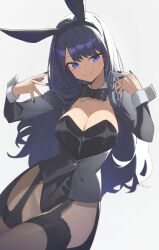 Rule 34 | 1girl, animal ear hairband, animal ears, black bow, black bowtie, black hair, black leotard, black thighhighs, blue eyes, bow, bowtie, breasts, cleavage, closed mouth, commentary, dated commentary, fake animal ears, hairband, highres, izayoi arisa, large breasts, leotard, long hair, looking at viewer, playboy bunny, rabbit ear hairband, rabbit ears, reulem, simple background, smile, solo, sono bisque doll wa koi wo suru, strapless, strapless leotard, tailcoat playboy bunny, thighhighs, thighs, white background