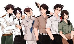 Rule 34 | 1girl, 5boys, absurdres, ahoge, axis powers hetalia, belt, beret, black hair, border, brown eyes, brown hair, ca lamari, collared shirt, cowboy shot, glasses, gloves, hair ribbon, hat, highres, holding, holding phone, indonesia (hetalia), jacket, lineup, long sleeves, looking at viewer, malaysia (hetalia), multicolored hair, multiple boys, neckerchief, open mouth, pants, philippines (hetalia), phone, ponytail, purple eyes, ribbon, sailor collar, selfie, shirt, short hair, short sleeves, simple background, singapore (hetalia), smile, streaked hair, thailand (hetalia), two-tone hair, v, vietnam (hetalia), white background, white border, white hair