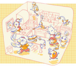 Rule 34 | 2boys, alternate costume, apron, asaikaina, back ribbon, baggy pants, bare arms, belt, belt buckle, big nose, blue pikmin, bowl, buckle, buttons, casual, catching, collared shirt, cooking, cooking pot, crumpled paper, dishwasher, dollhouse view, expressionless, flower, flying, food, fork, highres, holding, holding food, holding fork, holding ice cream, holding ice cream cone, holding plate, holding spoon, ice, ice cream, ice cream cone, ice pikmin, indoors, insect wings, light blush, limited palette, long sleeves, louie (pikmin), lying, multiple boys, nintendo, no mouth, olimar, on back, open mouth, oven mitts, pants, pikmin (creature), pikmin (series), plate, plate stack, pointy ears, pointy nose, purple pikmin, red pikmin, refrigerator, rock, rock pikmin, shirt, short hair, short sleeves, sitting, socks, solid circle eyes, spoon, stew, stool, surprised, trash can, triangle mouth, tripping, unusually open eyes, very short hair, waist apron, white pikmin, wide-eyed, winged pikmin, wings, yellow pikmin, yellow theme