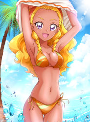 1girl amamiya_elena armpits arms_up bikini blonde_hair blue_sky breasts cleavage clothes_lift cloud cloudy_sky commentary cowboy_shot dark-skinned_female dark_skin day hair_pulled_back hairband halterneck hanzou highres lens_flare lifting_own_clothes long_hair looking_at_viewer medium_breasts mole mole_under_eye navel ocean one_eye_closed open_mouth orange_bikini orange_hairband outdoors palm_tree precure purple_eyes shirt_lift side-tie_bikini_bottom sky smile solo sparkle splashing standing star_twinkle_precure string_bikini swimsuit thigh_gap tree undressing wakipai