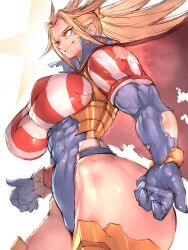 1girl american_flag american_flag_print ass battle_damage blonde_hair blue_eyes boku_no_hero_academia boots breasts cape cropped_legs determined flag_print fumio_(rsqkr) gauntlets gloves hair_slicked_back highres large_breasts leotard long_hair looking_at_viewer muscular muscular_female redesign smile solo star_and_stripe_(boku_no_hero_academia) striped_cape superhero_costume thick_thighs thigh_boots thighs torn_clothes torn_gloves white_background