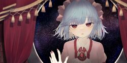 1girl blue_hair collared_shirt commentary curtains english_commentary frilled_shirt_collar frills game_cg hat highres mob_cap official_art open_mouth pink_hat pink_shirt puffy_short_sleeves puffy_sleeves red_eyes red_nails remilia_scarlet riuichi shirt short_hair short_sleeves sky solo space star_(sky) starry_sky third-party_source touhou touhou_lostword upper_body