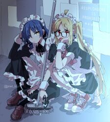 2girls ahoge alternate_costume apron bespectacled black_dress black_nails black_ribbon blonde_hair blue_eyes bocchi_the_rock! broom brown_shoes cellphone closed_mouth commentary_request dress enmaided frilled_apron frilled_dress frills full_body glasses hair_ornament hair_over_one_eye hairclip hand_on_own_cheek hand_on_own_face holding holding_phone ijichi_nijika long_hair long_sleeves looking_at_viewer maid maid_apron maid_headdress mole mole_under_eye multiple_girls neck_ribbon on_floor open_mouth phone puffy_short_sleeves puffy_sleeves red_eyes red_shoes ree_(re-19) ribbon shoes short_sleeves side_ponytail sitting smartphone squatting twitter_username watermark white_apron wrist_cuffs yamada_ryo yellow_eyes