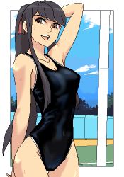 black_hair brown_eyes cameltoe long_hair lowres one-piece_swimsuit original pixel_art ponytail punpun school_swimsuit solo swimsuit