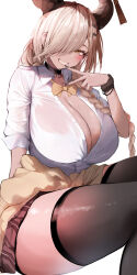 1girl absurdres azur_lane black_thighhighs blonde_hair blush braid breasts cleavage clothes_around_waist collared_shirt grin gyaru hair_over_one_eye highres horns huge_breasts long_hair looking_at_viewer owari_(azur_lane) plaid_clothes plaid_skirt pleated_skirt raru_(nanaharararu) school_uniform shirt simple_background skirt smile solo sweater sweater_around_waist thighhighs thighs v white_background white_shirt yellow_eyes