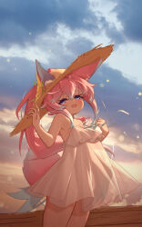 Rule 34 | 1girl, animal ear fluff, animal ears, bad source, bare shoulders, blush, cloud, cloudy sky, dress, ears through headwear, fang, fox ears, fox girl, fox tail, gradient hair, hair between eyes, hand up, hat, head tilt, highres, indie virtual youtuber, long bangs, long hair, looking at viewer, multicolored hair, official art, open mouth, outdoors, pink hair, purple eyes, sidelocks, sky, sleeveless, sleeveless dress, smile, solo, standing, straw hat, tail, teletha (vtuber), virtual youtuber, white dress