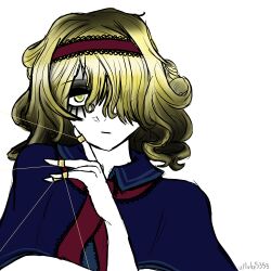 1girl alice_margatroid bags_under_eyes blonde_hair bored collared_cape colored_skin depressed eyelashes hair_ribbon highres luke5353 puppet_strings red_cross_tie ribbon touhou white_background white_skin yellow_eyes