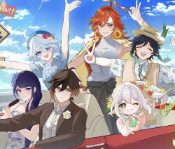 2boys 4girls absurdres ahoge breasts cleavage earrings furina_(genshin_impact) genshin_impact green_eyes green_hair hair_between_eyes heterochromia highres jewelry long_hair mavuika_(genshin_impact) multicolored_hair multiple_boys multiple_girls nahida_(genshin_impact) orange_eyes pointy_ears raiden_shogun red_hair shiba_(tonari_no_shiba_inu) side_ponytail smile streaked_hair symbol-shaped_pupils two-tone_hair venti_(genshin_impact) very_long_hair white_hair zhongli_(genshin_impact)
