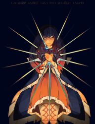 1girl amo_empool black_background black_hair blue_coat blush closed_eyes closed_mouth coat colored_tips corset_piercing cowboy_shot dress gachiakuta gloves grey_gloves highres long_hair long_sleeves multicolored_hair orange_dress orange_hair papayano_emi simple_background solo tearing_up