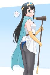 1girl ? ass black_pantyhose blue_background blue_cape blue_leotard blush breasts cape circlet cosplay dragon_quest dragon_quest_iii dress elbow_gloves fake_tail geometrie gloves gold_circlet gradient_background highres kantai_collection leotard leotard_under_clothes long_hair looking_at_viewer ooyodo_(kancolle) open_mouth pantyhose rabbit_tail sage_(dq3) sage_(dq3)_(cosplay) sleeveless sleeveless_dress solo staff tail white_dress