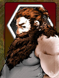 1boy bara beard beard_over_mouth belly dungeon_meshi dwarf facial_hair fat fat_man grey_tank_top high_ponytail inset_border kano_(kano_to10) long_beard looking_at_viewer male_focus mature_male muscular muscular_male mustache pectorals ponytail senshi_(dungeon_meshi) solo tank_top thick_mustache very_long_beard wrinkled_skin