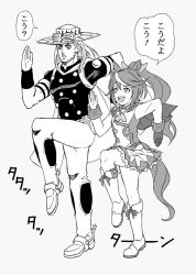 1boy 1girl animal_ears ascot ashiro_(collective-mind) asymmetrical_gloves boots bow buttons commentary_request cowboy_hat crossover double-breasted footwear_bow full_body gloves goggles goggles_on_headwear grey_background greyscale gyro_zeppeli hair_between_eyes hair_bow hat horse_ears horse_girl horse_tail jacket jojo_no_kimyou_na_bouken knee_boots long_hair long_sleeves mismatched_gloves monochrome multicolored_hair ponytail pose_imitation sideburns skirt speech_bubble spurs steel_ball_run streaked_hair tail teeth tokai_teio_(umamusume) translated umamusume upper_teeth_only