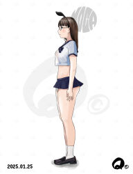 1girl animal animal_on_shoulder arm_at_side ass bad_proportions black_bow black_bowtie black_shoes blunt_bangs bow bowtie breasts brown_hair cat cat_on_shoulder dated full_body glasses long_hair mole mole_under_eye original panties profile q98780409 shirt shoes socks solo standing underwear white_panties white_shirt white_socks