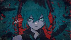 1girl angry bird blue_eyes blue_hair collared_shirt feathers hatsune_miku headshot highres long_hair red_background shirt solo twintails vocaloid washiya0