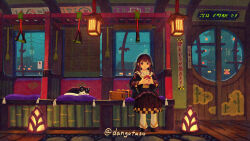 1girl animal black_sandals black_shirt black_skirt brown_eyes brown_hair cat cellphone commentary_request highres holding holding_phone indoors long_hair long_sleeves original parted_lips phone pleated_skirt sandals shirt sitting skirt sliding_doors socks solo train_interior translation_request usagino_suzu very_long_hair white_socks wide_sleeves zouri
