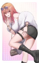 1girl :d absurdres ahoge alternate_costume ass bag belt bent_over black_boots black_skirt boots bracelet colored_inner_hair crossed_bangs earrings eyewear_on_head fingernails fur_jacket gradient_hair hair_ornament hairclip hand_on_own_hip hand_up handbag hashtag-only_commentary highres hololive hololive_dev_is ichijou_ririka index_finger_raised jacket jewelry knee_boots long_fingernails long_hair miniskirt multicolored_hair multiple_rings nail_polish off_shoulder open_mouth orange_eyes orange_hair panties pantyshot pencil_skirt pink_hair pink_nails platform_boots ring skirt smile solo steelball_(jwk76806995) sunglasses tank_top thigh_belt thigh_strap underwear virtual_youtuber white_jacket white_panties white_tank_top