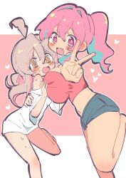 Rule 34 | 09hkr, 2girls, :d, @ @, ahoge, bare legs, blue hair, blue shorts, blush, breasts, commentary, eyes visible through hair, fang, grey hair, hair intakes, heart, highres, hozuki momiji, hug, huge breasts, long hair, looking at viewer, midriff, multicolored hair, multiple girls, navel, no pants, off shoulder, onii-chan wa oshimai!, open mouth, orange eyes, oyama mahiro, pink background, pink hair, ponytail, red eyes, red shirt, shirt, short shorts, shorts, simple background, smile, two-tone hair, v, white shirt