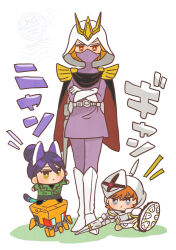 1boy 2girls animal_ears black_hair brown_eyes brown_hair cape cat_ears cat_girl cat_tail chibi conch_(gundam) gloves green_eyes gundam gundam_gquuuuuux gyan_(gquuuuuux) hair_bun helmet holding holding_weapon jacket kedama_fu kycilia_zabi lance long_hair long_sleeves mask military_jacket military_uniform mole mole_under_mouth mouth_mask multiple_girls necktie nyaan_(gundam_gquuuuuux) polearm purple_mask science_fiction shield shirt short_hair single_hair_bun tail weapon xavier_olivette yellow_eyes zeon