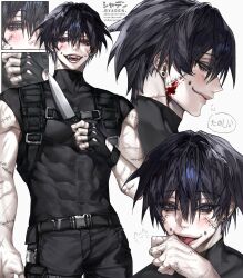 Rule 34 | 1boy, abs, absurdres, aegyo sal, biceps, black gloves, black hair, black shirt, blood, blood on face, blue eyes, blush, closed mouth, collarbone, compression shirt, double-parted bangs, earrings, evil smile, eyes visible through hair, face piercing, fangs, fingerless gloves, gloves, hair between eyes, hair over one eye, highres, holding, holding knife, jewelry, knife, licking, licking hand, looking at viewer, looking to the side, male focus, mouth piercing, multiple views, muscular, muscular male, open mouth, original, pectorals, piercing, red pupils, ringed eyes, scar, scar on arm, scar on face, scar on neck, shirt, short hair, simple background, sleeveless, sleeveless shirt, slit pupils, smile, speech bubble, syaden, thought bubble, tongue, tongue out, tongue piercing, white background