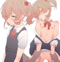 1boy 1girl aged_down blonde_hair blush clenched_teeth closed_eyes clothes_down crying dress flat_chest hetero highres loli looking_at_viewer multiple_views nijisanji nipples nui_sociere osanai_sanday penis school_uniform sex short_hair short_twintails tears teeth twintails vaginal yellow_eyes