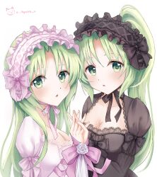 2girls artist_name black_dress black_hairband breasts cleavage dress fingernails green_eyes green_hair hairband highres higurashi_no_naku_koro_ni holding_hands interlocked_fingers lolita_fashion lolita_hairband long_hair long_sleeves looking_at_viewer multiple_girls nyako_(x_nyako_x) parted_lips pink_dress pink_hairband ponytail puffy_sleeves siblings simple_background sisters sonozaki_mion sonozaki_shion twins upper_body white_background