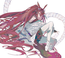 1girl :&lt; absurdres animal_ears arknights black_skirt bow fingerless_gloves footwear_bow from_behind full_body gloves guitar hair_ornament hairclip high_heels highres instrument jacket long_hair musical_note musical_staff open_clothes open_jacket pants purple_eyes rabbit_ears rabbit_girl ray_(arknights) ray_(dreaming_high)_(arknights) red_hair ringein shoes single_bare_shoulder sitting sitting_on_object skirt solo v very_long_hair white_background white_bow white_jacket white_pants white_shoes