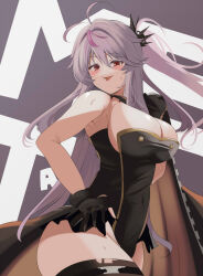 Rule 34 | 1girl, :p, ahoge, azur lane, black dress, black gloves, black thighhighs, blush, commentary request, covered navel, dress, gloves, grenville (azur lane), grenville (meta) (azur lane), high ponytail, highres, long hair, looking at viewer, multicolored hair, orange eyes, pink hair, ponytail, purple hair, short dress, solo, streaked hair, sweat, thighhighs, tonchinkan, tongue, tongue out