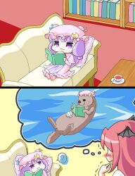 2girls ? ajitsuki animalization bat_wings blue_bow blunt_bangs blush book bookshelf boots bow capelet chibi coffee_table commentary_request couch crescent crescent_hat_ornament cup dress frilled_pillow frills full_body hat hat_bow hat_ornament head_wings hime_cut holding holding_book imagining koakuma long_hair long_sleeves looking_at_another lying mob_cap multiple_girls no_nose open_book otter patchouli_knowledge pillow pink_boots pink_capelet purple_dress purple_eyes reading red_bow red_hair saucer seashell shell sidelocks simple_background smile spoken_question_mark spoon striped_clothes striped_dress table teacup touhou trembling upper_body vertical-striped_clothes vertical-striped_dress water wavy_mouth wings yellow_background