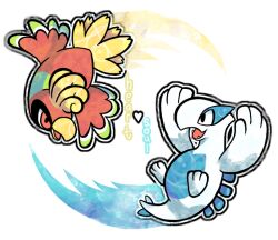 animal_focus black_eyes chibi commentary crayonchewer english_commentary gen_2_pokemon ho-oh legendary_pokemon looking_at_another lugia nintendo no_humans open_mouth pokemon pokemon_(creature) pokemon_hgss red_eyes simple_background symmetry transparent_background