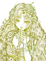 Rule 34 | 1girl, absurdres, bare shoulders, bracelet, breasts, bud, chest jewel, chinese commentary, cleavage, colored lineart, commentary request, cross-laced clothes, cross-laced dress, detached collar, diamond (gemstone), dress, finger to mouth, flower, green theme, hair flower, hair ornament, high collar, highres, huashijie (medium), infinity nikki, jewelry, lace, lace-trimmed dress, lace trim, light blush, long hair, messy hair, neowlody, nikki (series), parted bangs, pointy ears, rose, simple background, sleeveless, sleeveless dress, solo, upper body, very long hair, wavy hair, white background