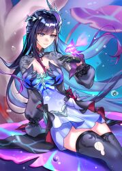 Rule 34 | 1girl, black gloves, black thighhighs, blue dress, blue eyes, blue hair, breasts, cleavage, colored inner hair, dress, fish, gloves, hair ornament, highres, honkai: star rail, honkai (series), hysilens (honkai: star rail), large breasts, long hair, multicolored hair, purple hair, shrug (clothing), sitting, smile, solo, ssamsa0404, thighhighs, thighs, torn clothes, torn thighhighs, two-tone hair, underwater, very long hair, zettai ryouiki