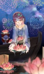 1girl absurdres aerial_fireworks animal aqua_flower arms_up blue_hanfu boat brown_eyes cat chinese_clothes cloak clothed_animal ear_covers endless_longing_(infinity_nikki) eyelashes fingernails fireworks flower flower_on_head glasses hair_bun hair_flower hair_ornament hairpin hanfu hashtag-only_commentary highres hood hood_up hooded_cloak infinity_nikki jacket lake lantern light_blush long_hair long_sleeves looking_at_another looking_at_flowers lotus mito_(no310_gsn) momo_(nikki) night night_sky nikki_(nikki) nikki_(series) official_alternate_costume opaque_glasses open_clothes open_jacket open_mouth outdoors paper_lantern parted_bangs pink_flower pink_hair red_cloak reflection reflective_water ripples round_eyewear scarf see-through_clothes see-through_sleeves shirt sidelocks single_side_bun sky smile star_(sky) starry_sky sunglasses tangzhuang upper_body watercraft white_cat white_jacket white_shirt yellow_scarf