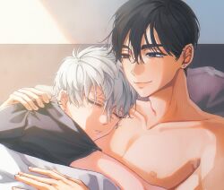 2boys alien_stage bare_pectorals black_eyes black_hair black_shirt closed_mouth collarbone ear_piercing earrings grey_hair highres ivan_(alien_stage) jewelry male_focus multiple_boys on_bed pectorals piercing red_pupils shinumeru shirt sleeping sleeping_on_person smile sunlight till_(alien_stage) under_covers yaoi