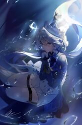 1girl absurdres ahoge ascot asymmetrical_gloves blue_ascot blue_brooch blue_eyes blue_gemstone blue_hair blue_hat blue_jacket drop-shaped_pupils furina_(genshin_impact) gem genshin_impact gloves hat heterochromia highres jacket k_hannah long_hair long_sleeves looking_at_viewer mismatched_gloves mismatched_pupils multicolored_hair ouji_fashion shoes signature solo streaked_hair symbol-shaped_pupils thigh_strap top_hat white_hair white_shoes