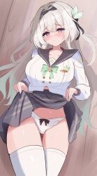 Rule 34 | 1girl, absurdres, black hair, blush, bow, bow panties, bowtie, breasts, clothes lift, commentary request, firefly (honkai: star rail), firefly (spring missive) (honkai: star rail), green bow, green bowtie, grey hair, grey skirt, highres, honkai: star rail, honkai (series), large breasts, lifting own clothes, long hair, miniskirt, nuuuukoame, official alternate costume, panties, school uniform, serafuku, skirt, skirt lift, solo, thighhighs, thighs, underwear, very long hair, white panties, white serafuku, white thighhighs